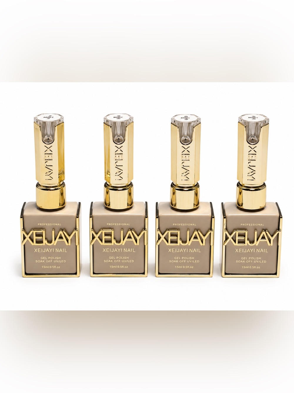 Xeijayi professional nail gel polishes in distinctive gold "frame" bottles.